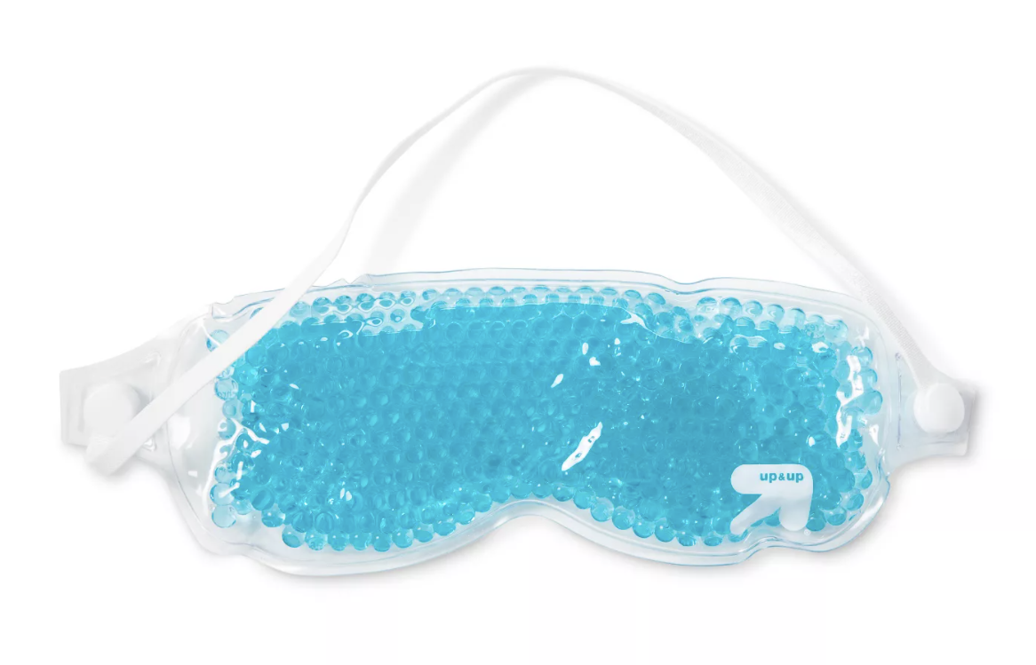 Cooling gel eye mask with little blue beads in the middle to help with puffiness