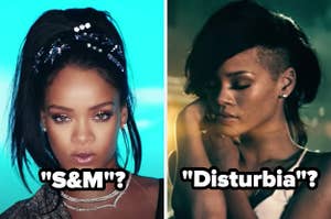 Rihanna in a high ponytail with a headband and with a shaved side of head with a deep side part with the suggestions "S&M"? and "Disturbia"?
