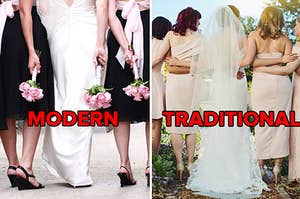 (left) a bride and bridesmaids in modern dresses as shown from the back with text "modern"; (right) a bride and bridesmaids in traditional dresses outdoors with text "traditional"