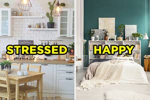 On the left, a modern kitchen with a tile backsplash, fairy lights, and a wooden kitchen table labeled "stressed," and on the right, an artsy bedroom with a shelf full of books and plants and a bed with throw blankets on it labeled "happy"