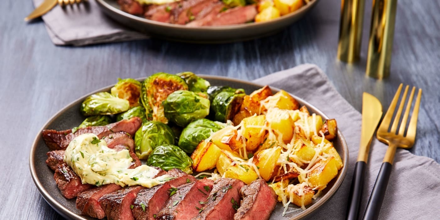 steal, Brussel sprouts, and cheesy potatoes