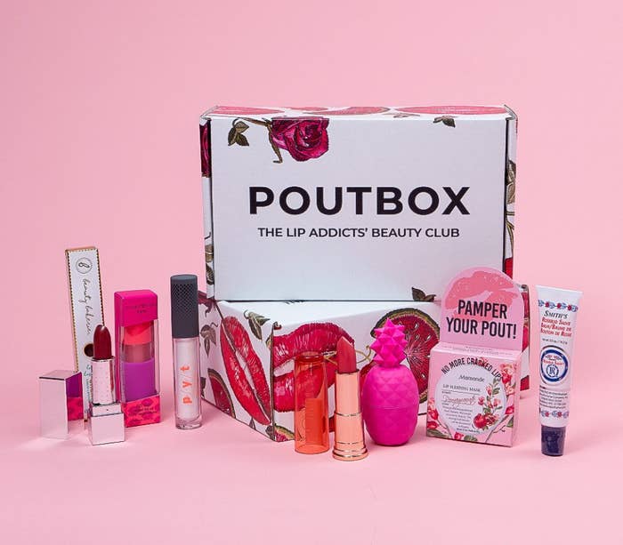 Poutboxes with lipsticks, lip liner,  lip balm, and other beauty products 