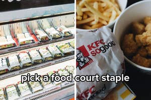 Side by side image showing a sushi store next to KFC both captioned "pick a food court staple"