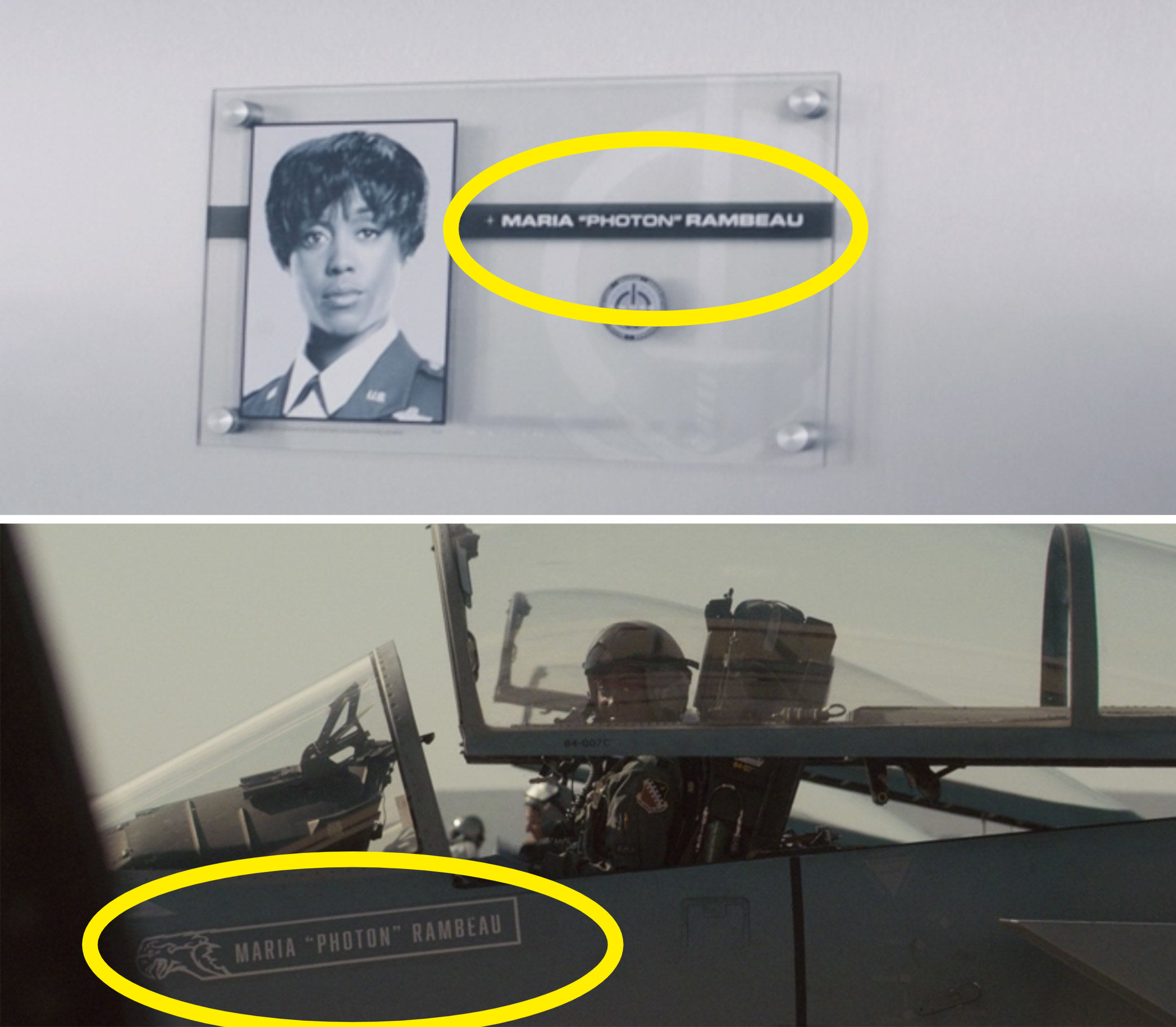 Maria&#x27;s plaque inside S.W.O.R.D. vs. Maria &quot;Photon&quot; Rambeau written on her jet in &quot;Captain Marvel&quot;