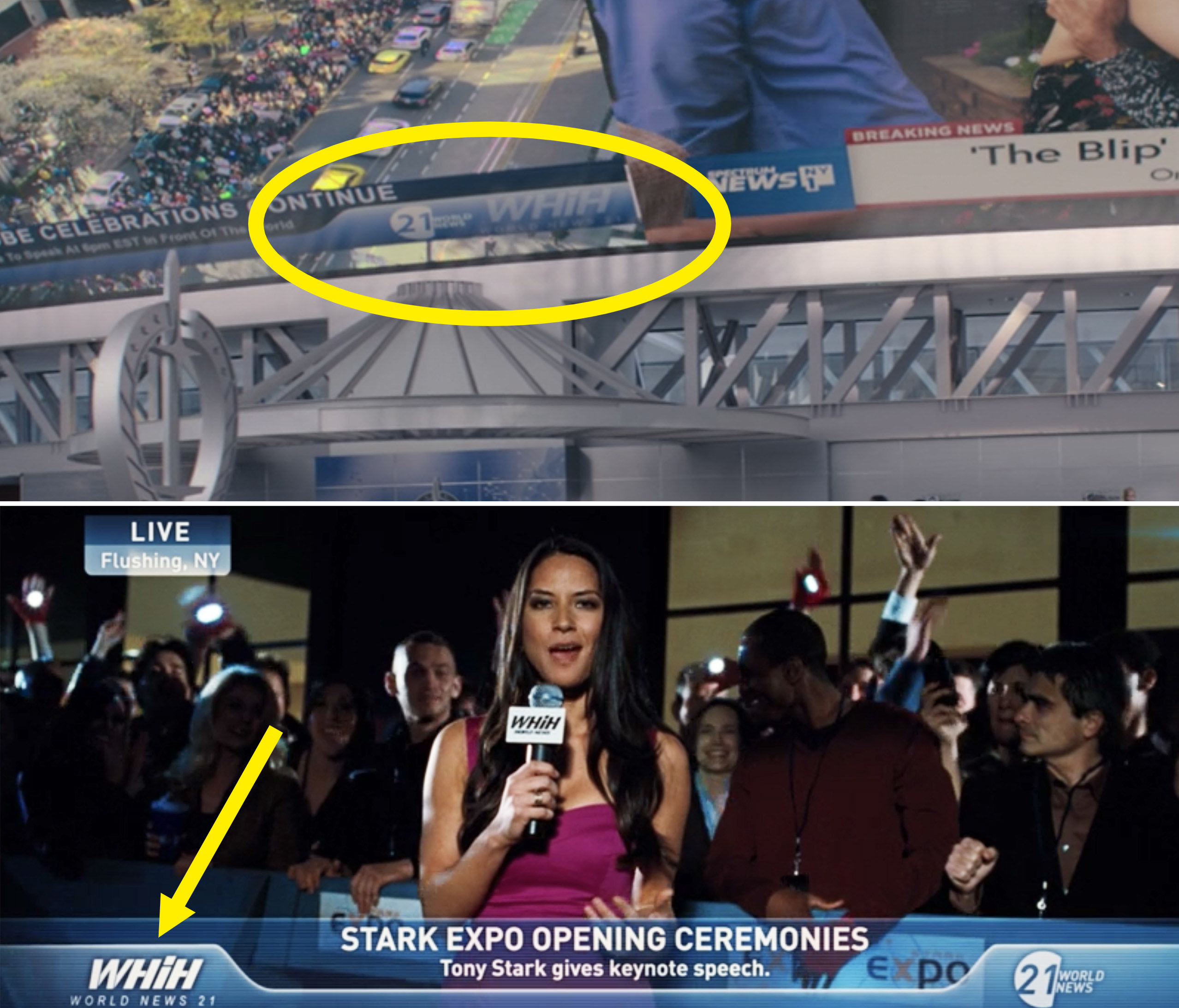 A circle around the WHiH broadcast in "WandaVision" vs. a WHiH broadcast at Stark Expo in "Iron Man 2"