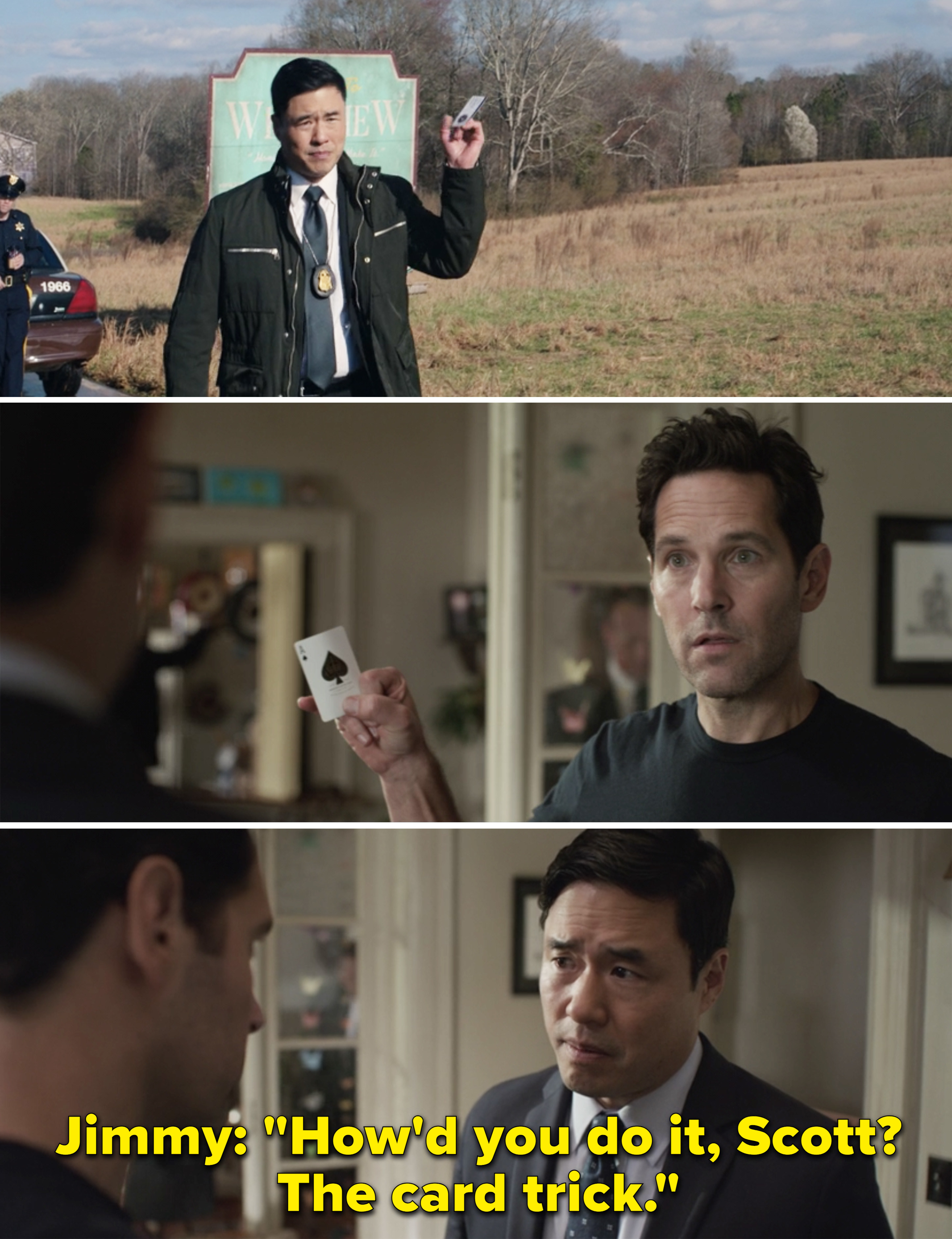 Jimmy doing his card trick with his business card vs. Scott doing a card trick in &quot;Ant-Man and the Wasp&quot; and Jimmy saying, &quot;How&#x27;d you do it, Scott? The card trick&quot;
