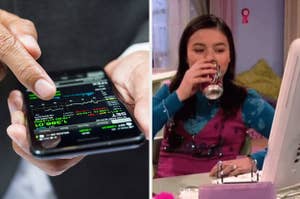 TV show character and investing on a phone