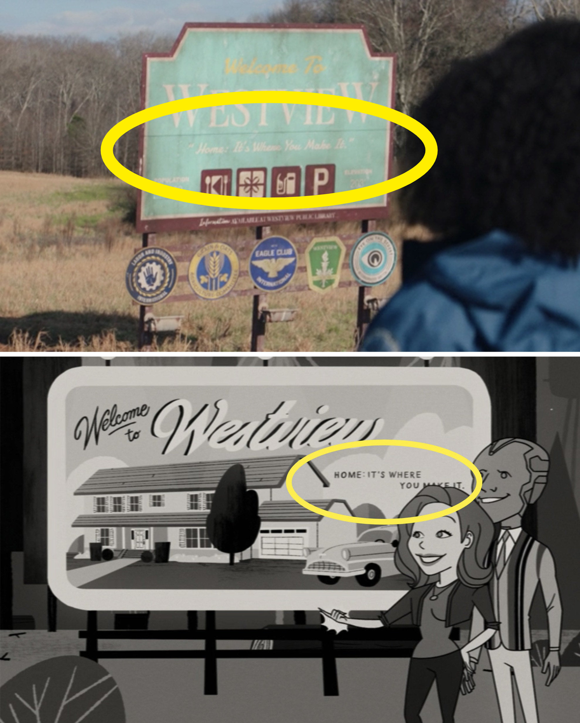 The sign for WestView in real life vs. the sign in the opening credits of WandaVision Episode 2