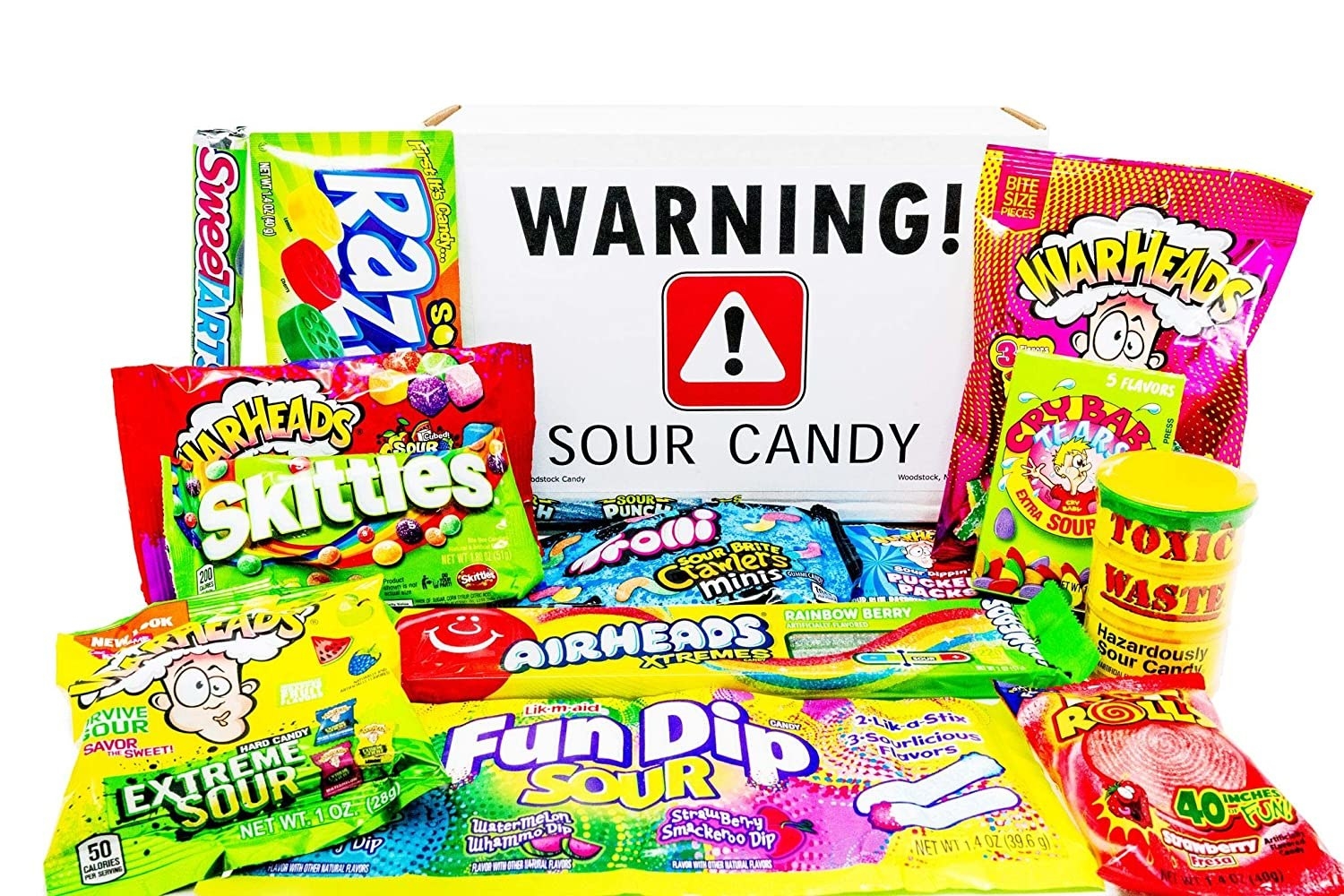 assorted sour candy like sour skittles and war heads