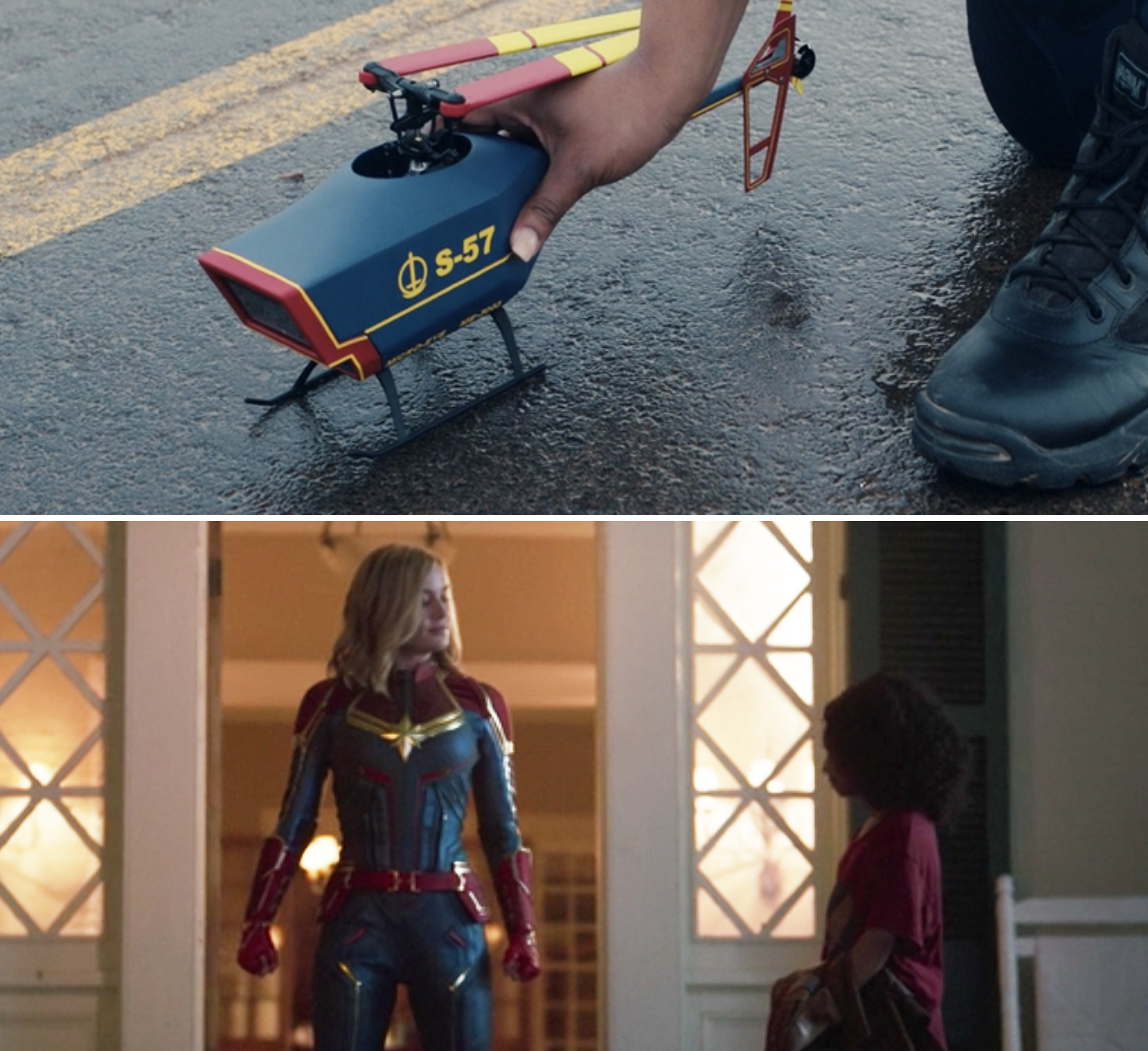 The red, blue, and yellow drone vs. Captain Marvel&#x27;s red, blue, and yellow suit in &quot;Captain Marvel&quot;