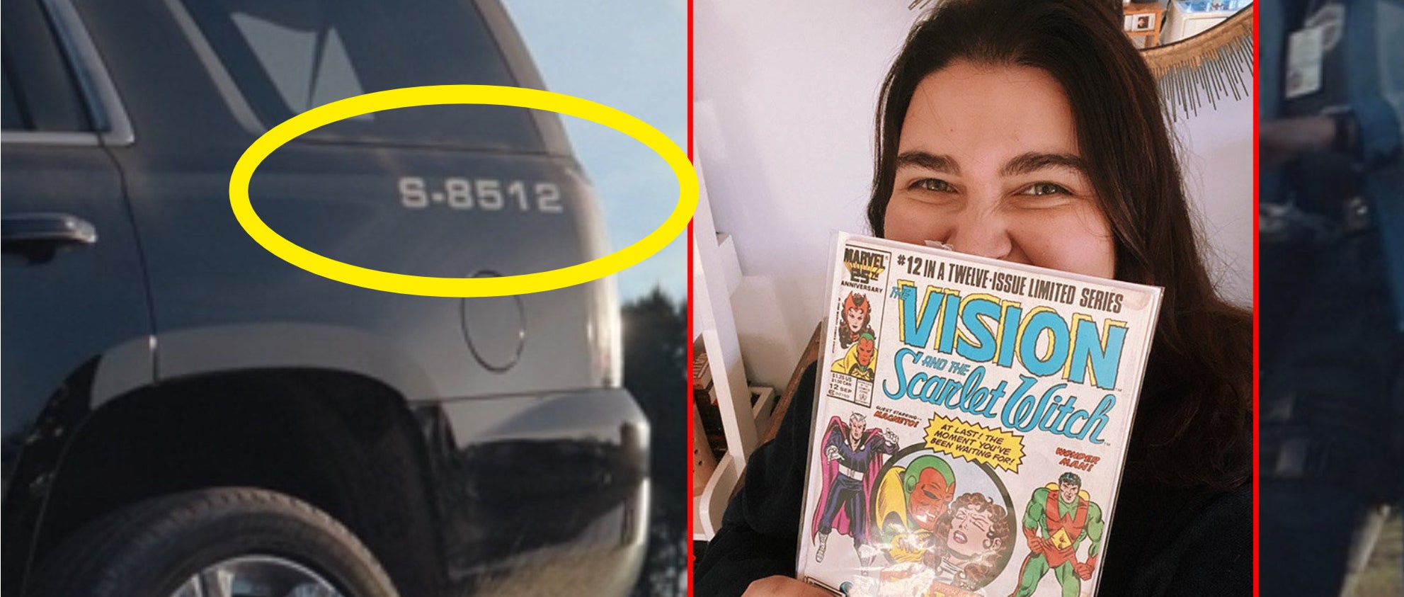 A circle around the "S-8512" on Monica's car and a girl holding up a Vision and the Scarlet Witch comic book