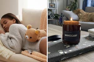 On left, model sleeps with heatable bear plushie on back. On right, a lit mahogany-scented candle on a table