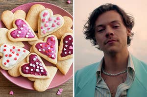 On the left, heart-shaped sugar cookies, and on the right, Harry Styles in the "Golden" music video