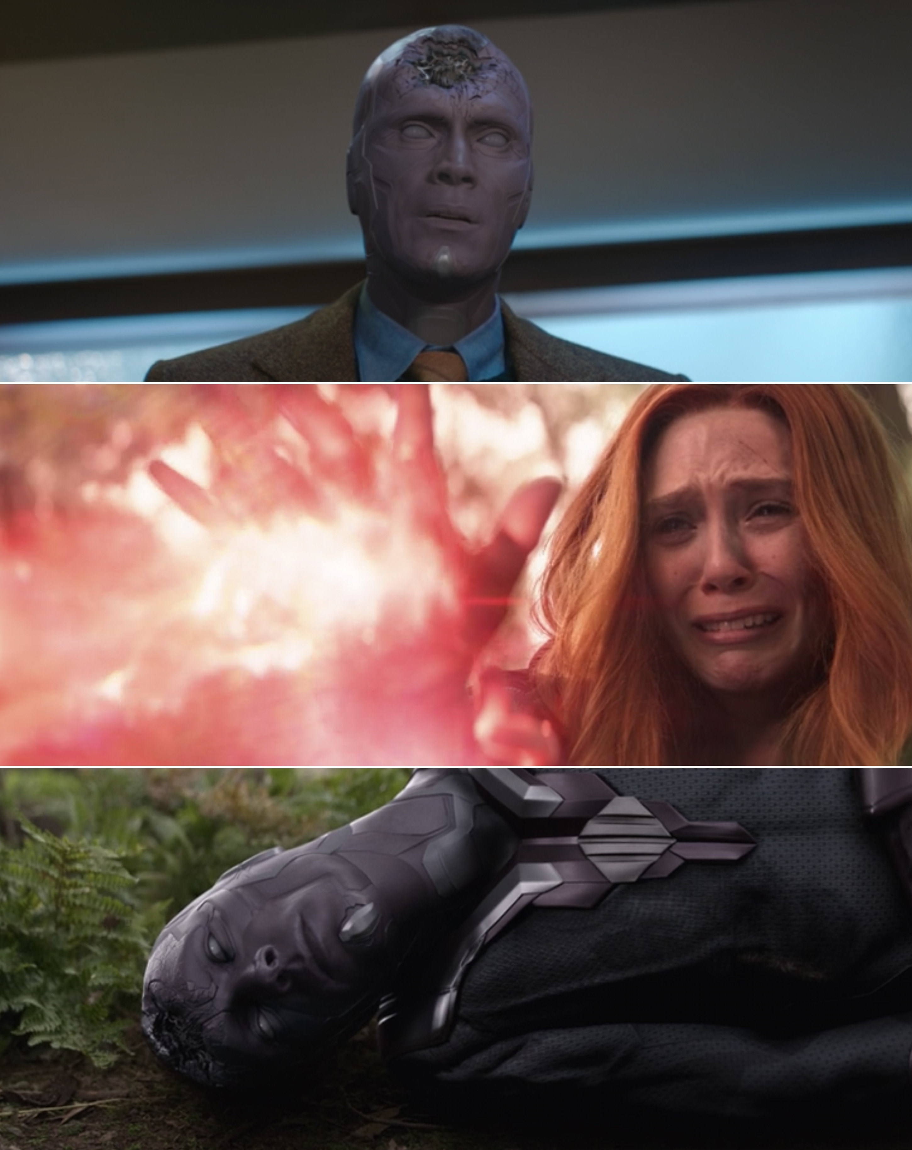 Wanda weeping and using her magic and Vision on the ground, now purple, with his head smashed open vs. Vision standing with his head smashed open