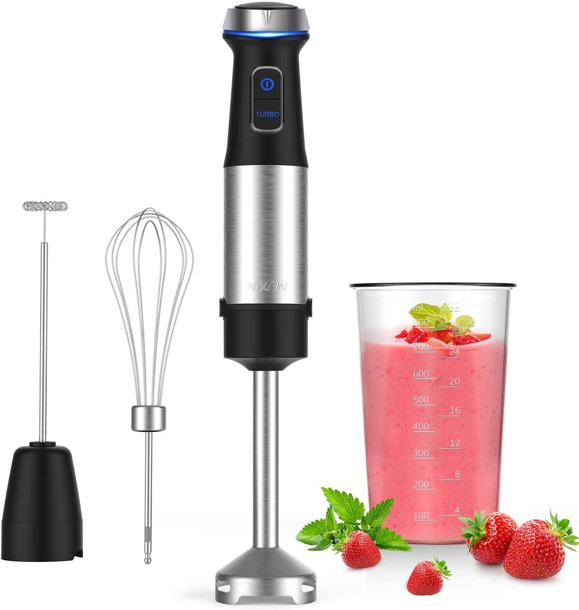 The four-in-one immersion blender with a whisk attachment, frothing attachment, and mixing beaker