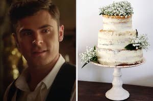 Zac Efron from "The Greatest Showman" on the left with a vanilla wedding cake on the right