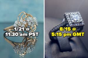 Side-by-side images of two engagement rings with "1/21 @ 11:30am PST" over one and "8/15 @ 5:15 pm GMT" over the other