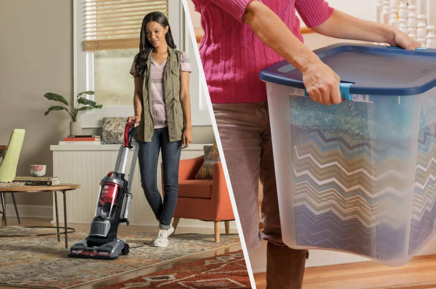A split thumbnail of a person vacuuming and a person holding a storage container
