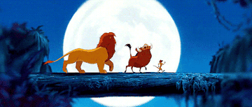 Simba, Pumba, and Timon strutting across a log with a full moon in the background