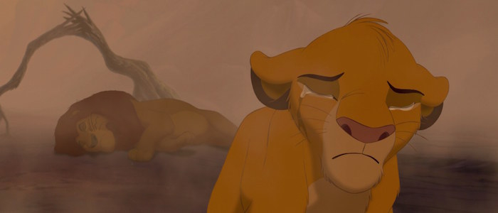 Simba shattered and in tears as he looks away from his father&#x27;s dead body