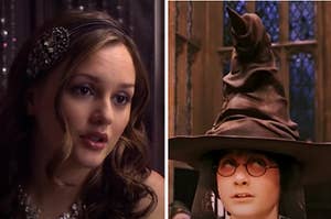 A woman is on the left looking surprised with Harry Potter wearing a sorting hat on the right