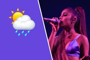 A rain emoji is on the left with Ariana Grande singing on the right