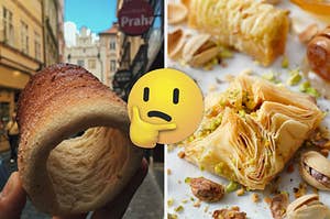 A European treat is on the left with one on the right, surrounded by nuts and a think face emoji in the center