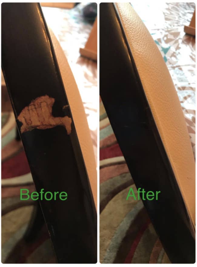A reviewer photo on the left is the before with chipped wood showing discoloration on the furniture and on the right the after which shows no discoloration and the furniture looks like nothing every happened to it at all