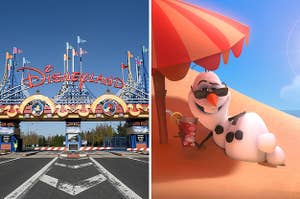 (left) Disneyland's entrance sign without cars; (right) Olaf lounges on a beach with an iced drink