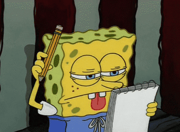 SpongeBob tapping a pencil on his head while looking at a notepad list
