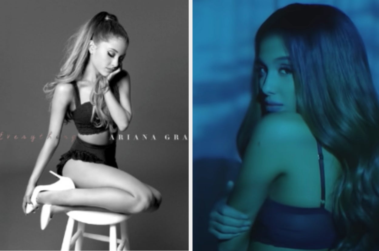 Ariana Grande is covering her mouth while sitting on a stool and on the right grabbing her arm