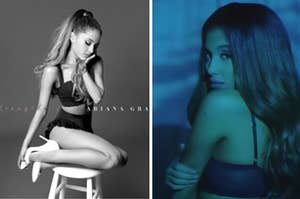 Ariana Grande is covering her mouth while sitting on a stool and on the right grabbing her arm