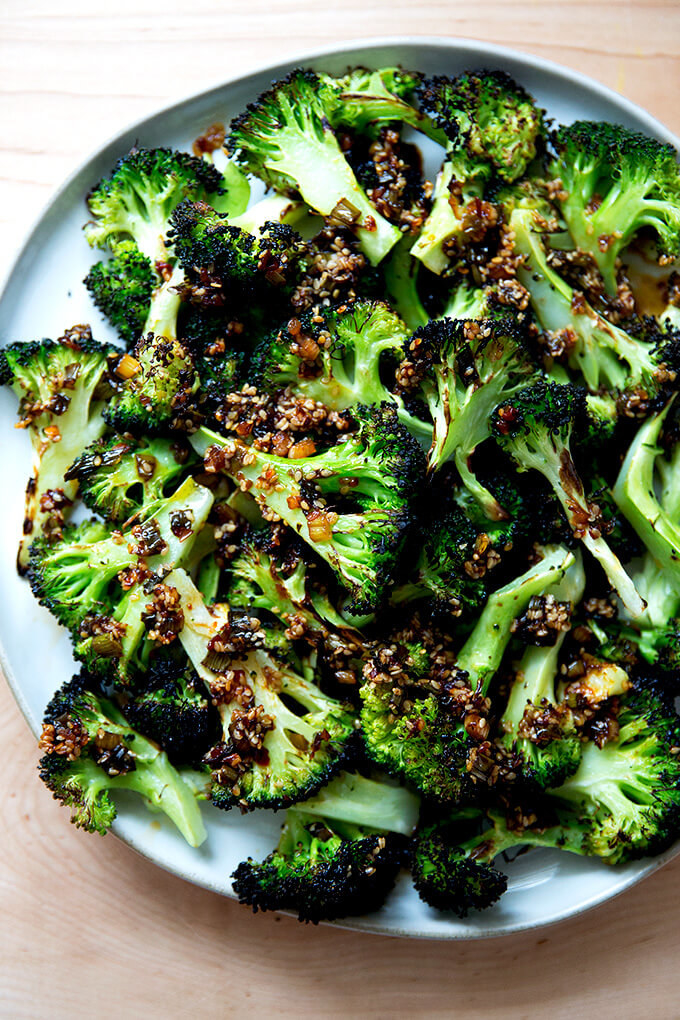 Broiled broccoli with spicy, sesame-scallion sizzle