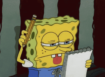 Spongebob poking his head with a pencil as he comes up with a plan