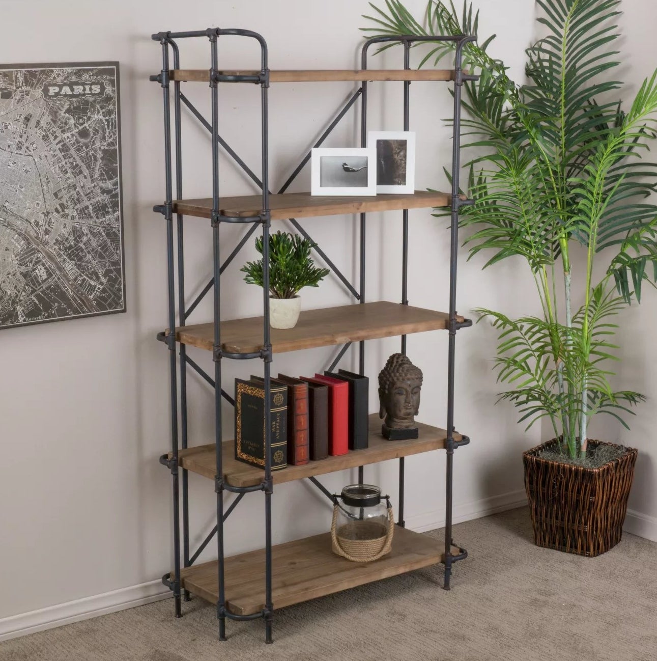 The bookcase with an iron pipe frame and wood shelves