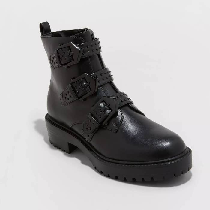 The black boots with three studded straps