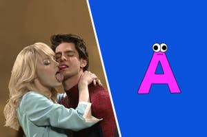 Spider-Man and Gwen Stacy kissing next to the letter A with eyes and a smile