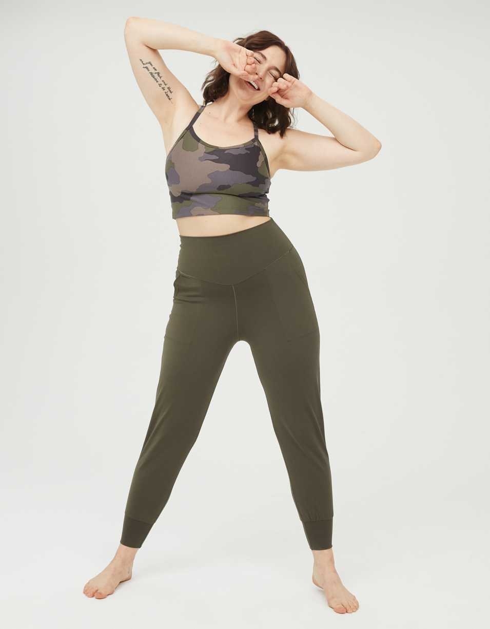 model wearing the high-waisted joggers in olive green