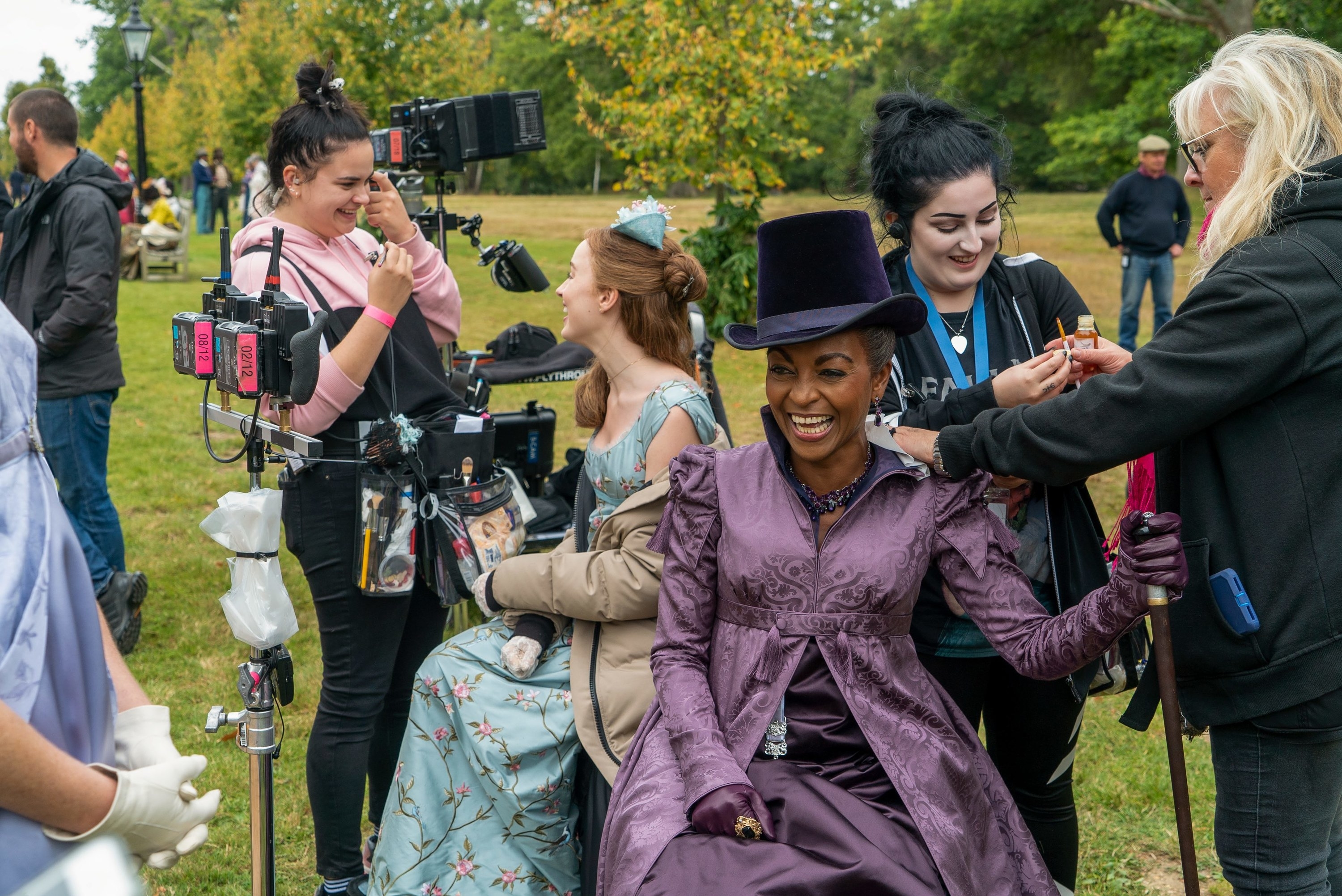 Adjoa Andoh laughing behind the scenes with Phoebe Dynevor