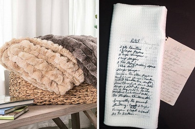 to the left: two plush blankets, to the right: a recipe transferred onto a cloth