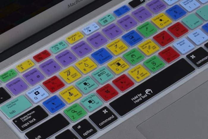 close-up of the keyboard cover with words and symbols on each key that show what to do in Photoshop by pressing that key. 