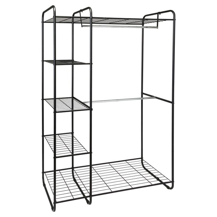 black wire freestanding closet without clothes on it