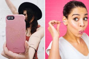 两个面板显示了一个模型拿着一个粉红色盒子里的手机一直到相机，一个模型用可重复使用的拭子清洁耳朵