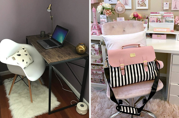 On the left, a faux wood desk. On the right, a striped laptop bag
