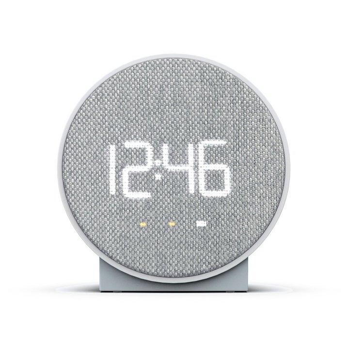 gray round alarm clock with time displaying