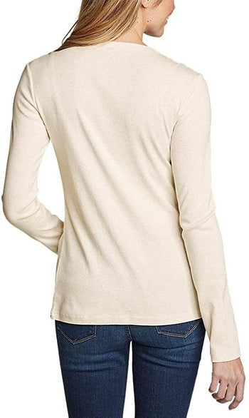 Back view of a different model wearing the shirt in heathered oatmeal
