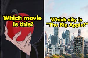 which disney movie is a posioned apple from and which city is the big apple?