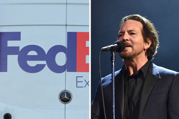 Side-by-side images of a FedEx van and Eddie Vedder
