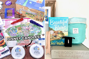 (left) An array of Disney items, including candles; (right) A book and other items sit on a box labeled "the wordy traveler"