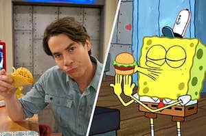 Spencer from iCarly holding a spaghetti taco and spongebob kissing a Krabby Patty